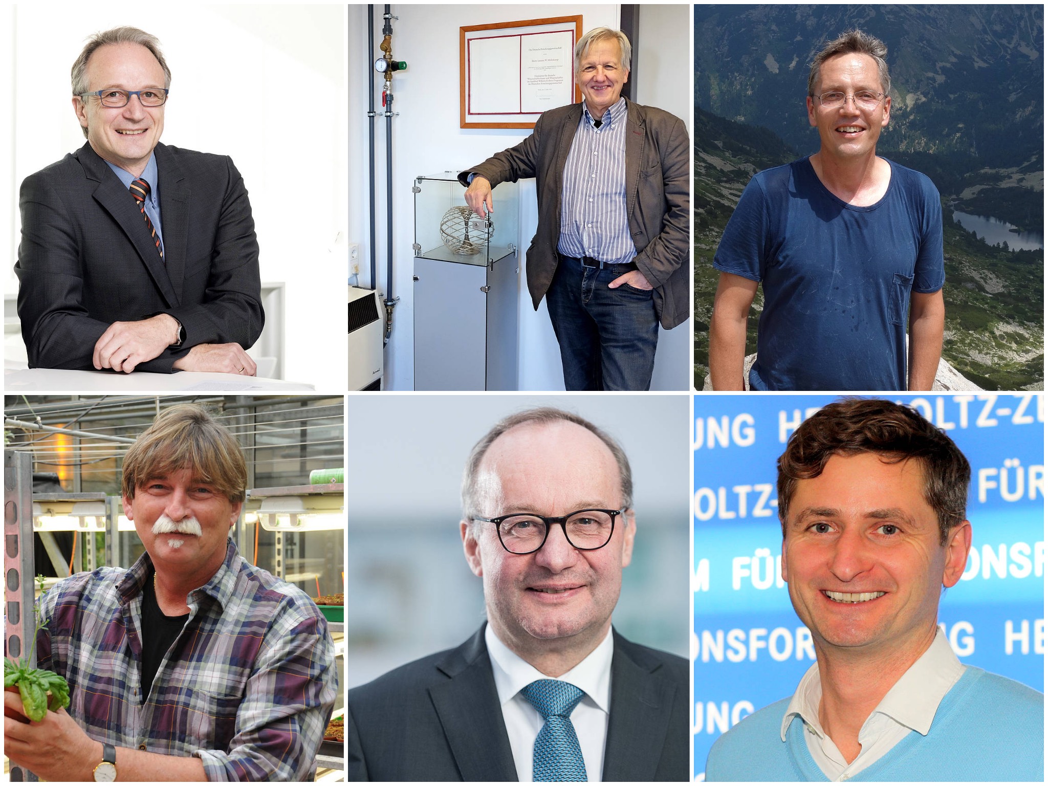 Collage_Uniprofessoren Frank Würthner. Foto: Daniel Peter - Laurens Molenkamp. Foto: Uni Würzburg - Ingolf Steffan-Dewenter. Foto: privat - Jörg Vogel. Foto: HIRI - Hermann Einsele. Foto: Daniel Peter - Rainer Hedrich. Foto: Gunnar Bartsch (im Uhrzeigersinn)
