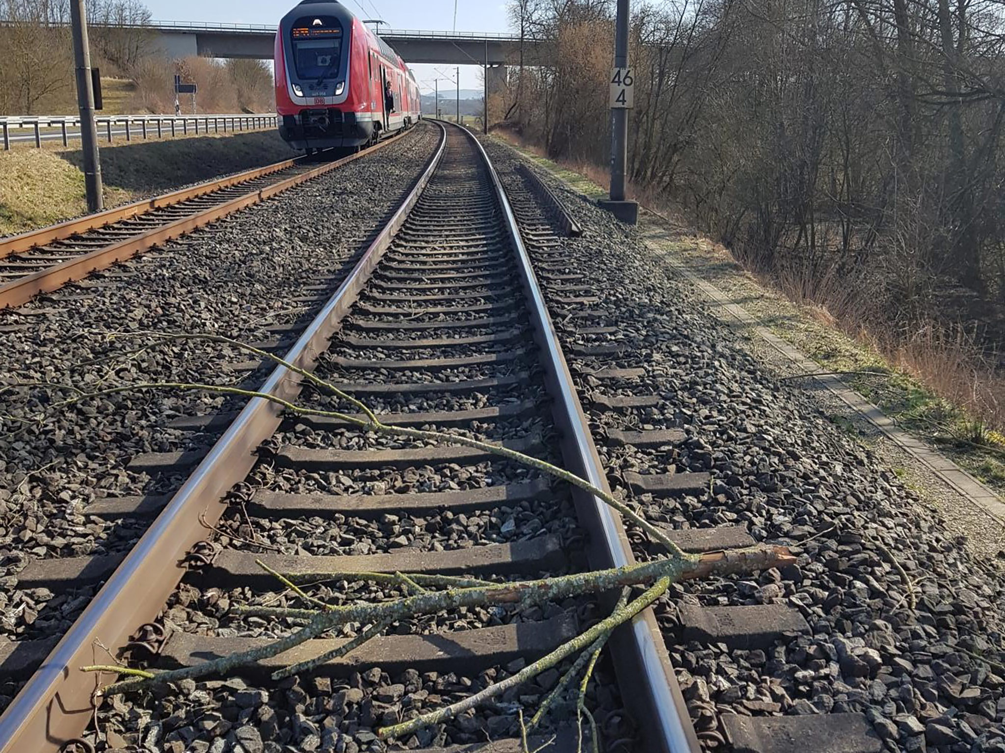 AesteBahngleis Zwischen Gädheim und Schonungen (Landkreis Schweinfurt) legten Unbekannte Schottersteine und Äste auf die Gleise. Foto: Bundespolizei
