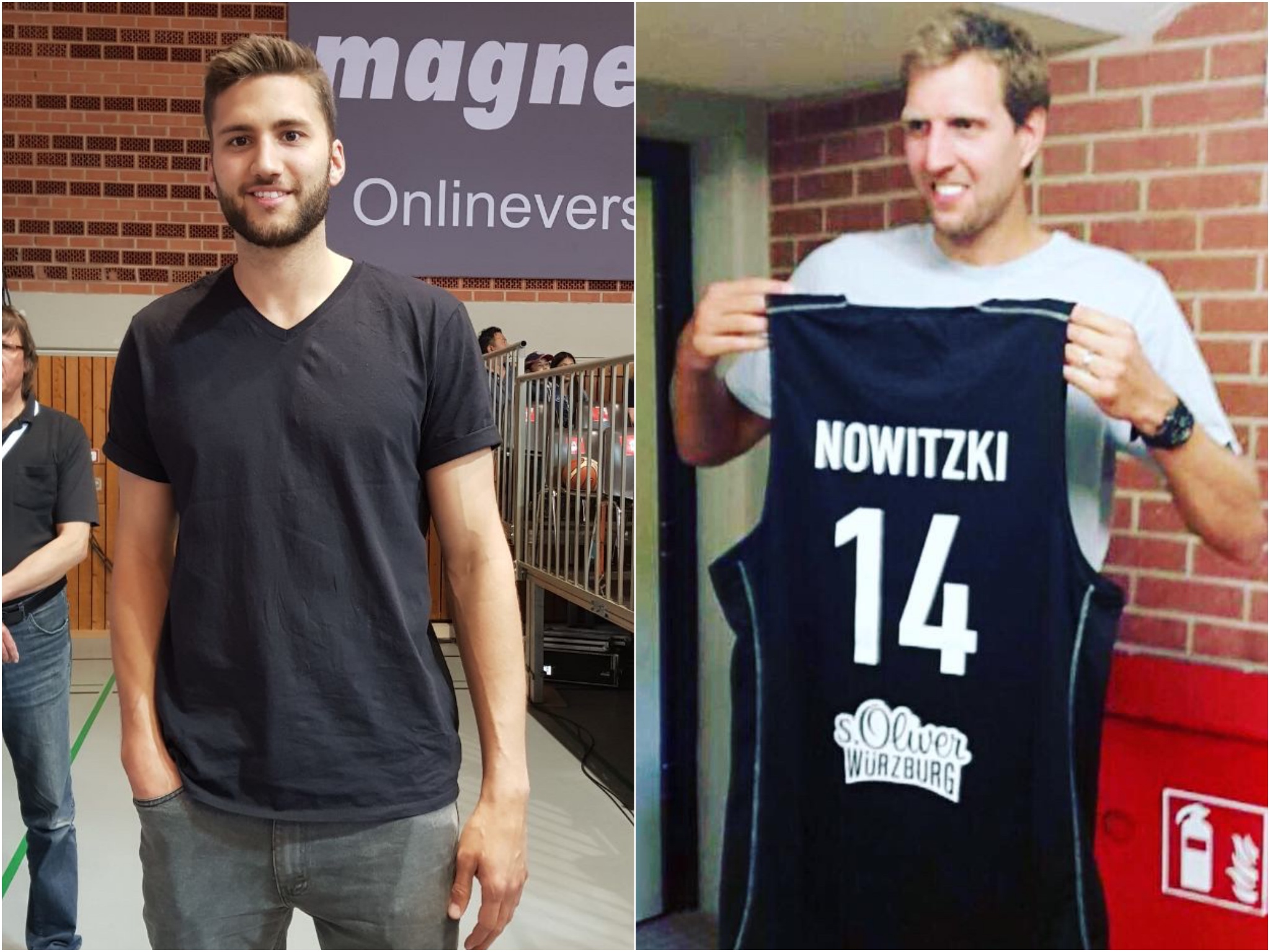 Collage_Nowitzki_Kleber Die beiden Würzburger NBA-Stars Maxi Kleber (links) und Dirk Nowitzki (rechts) bei ihrem jeweiligen Heimatbesuch. Fotos: Frederik Löblein.