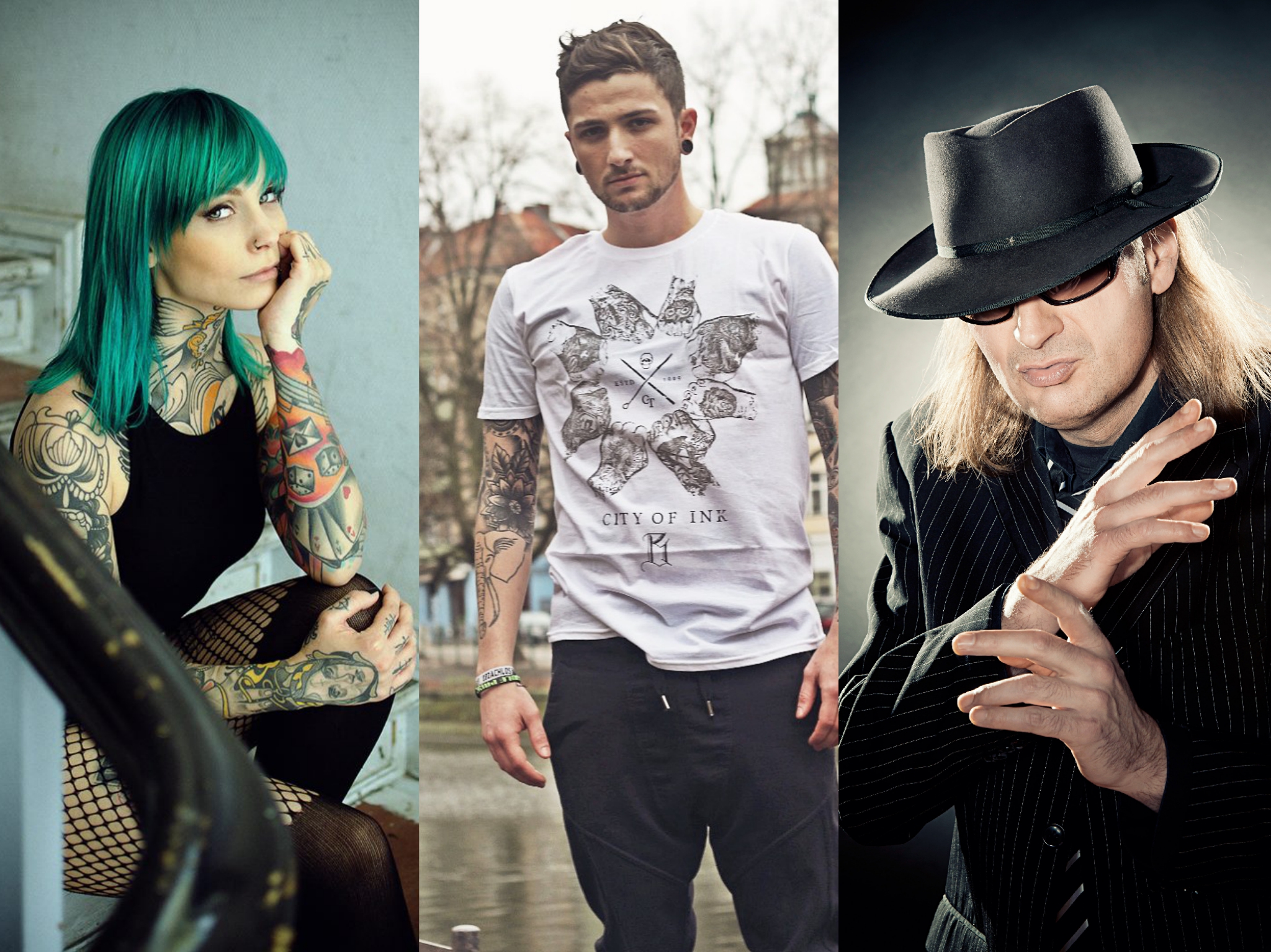 Jazzy Gudd, Ben Mittelstädt und Udo Lindenberg-Double Panik Lindi. Fotos: Schweinfurter Tattoo & Art Convention