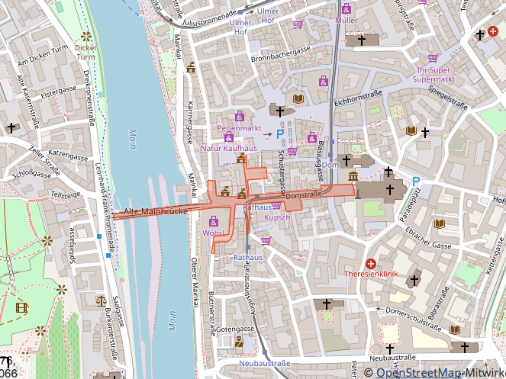 Sicherheitszone in der Silvesternacht 2018/19. Map: Stadt Würzburg; Copyright: Open Street Map