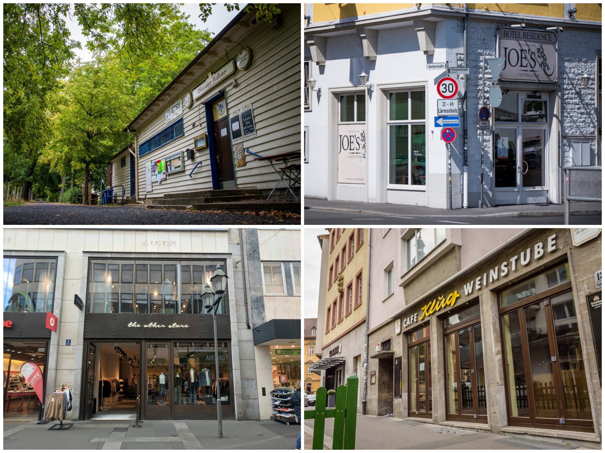 Collage_Schließungen_2018 Vier der geschlossenen Lokalitäten in Würzburg. Von links oben nach rechts unten: Blauer Adler, Joe´s Cantina y Bar, the other store, Café Klug Fotos: Pascal Höfig, Dominik Ziegler