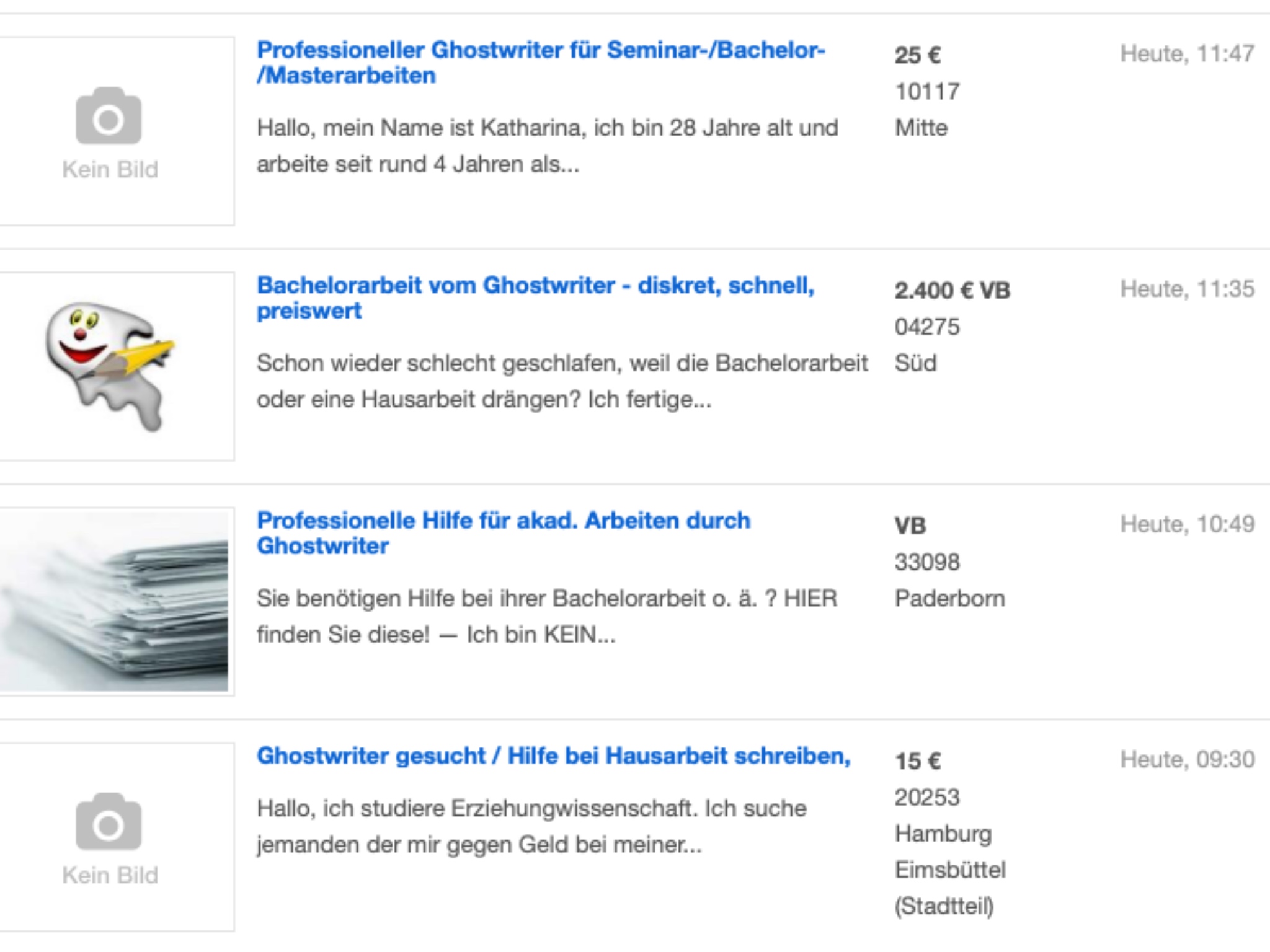 Auf Ebay Kleinanzeigen gibt es jeden Tag neue Anzeigen im Hinblick auf Angebote für und von Ghostwritern. Foto: Annika Betz.