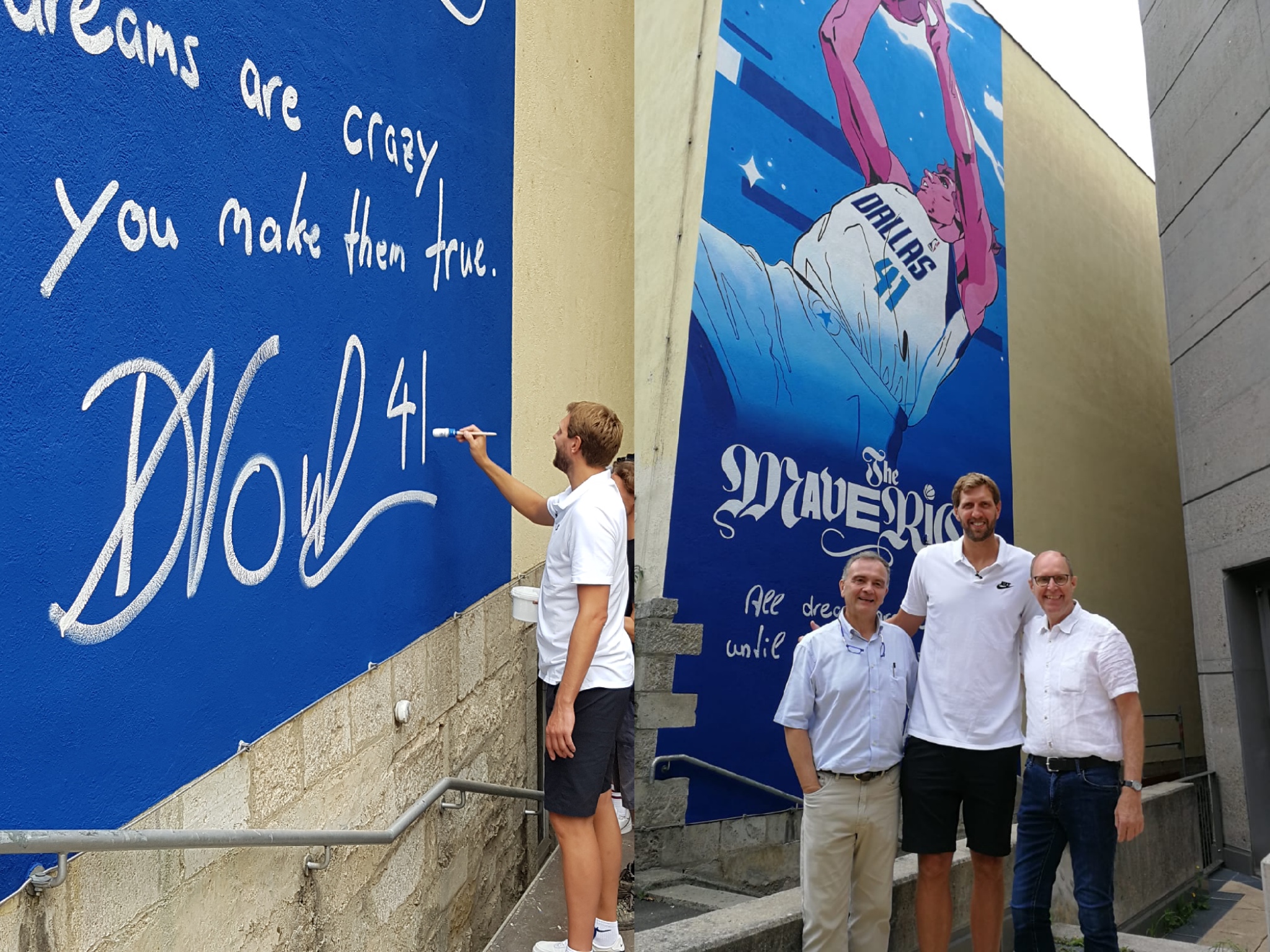 Dirk_Wand Dirk Nowitzki beim signieren des Wandbildes und mit Schulleiter Klauspeter Schmidt und Nikolaus Weber, Mitarbeiter Schulleitung. Foto Nikolaus Weber