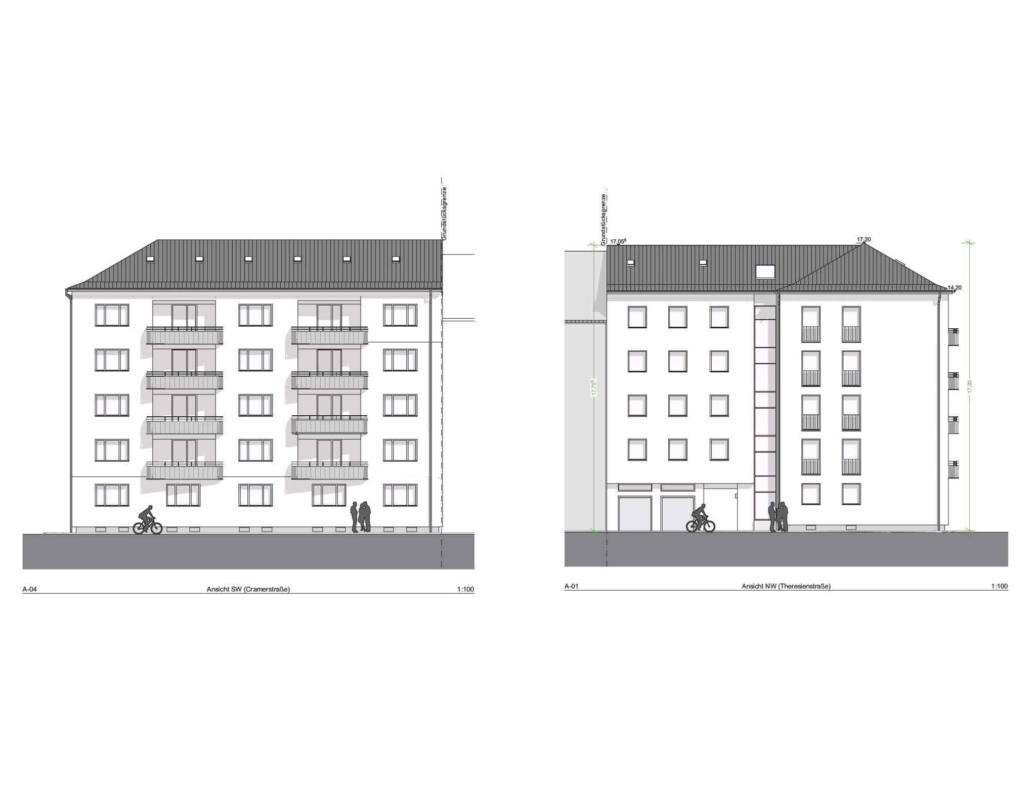 Ansichten des Mehrgenerationenhauses aus der Cramerstraße und der Theresienstraße. Grafik: SWG