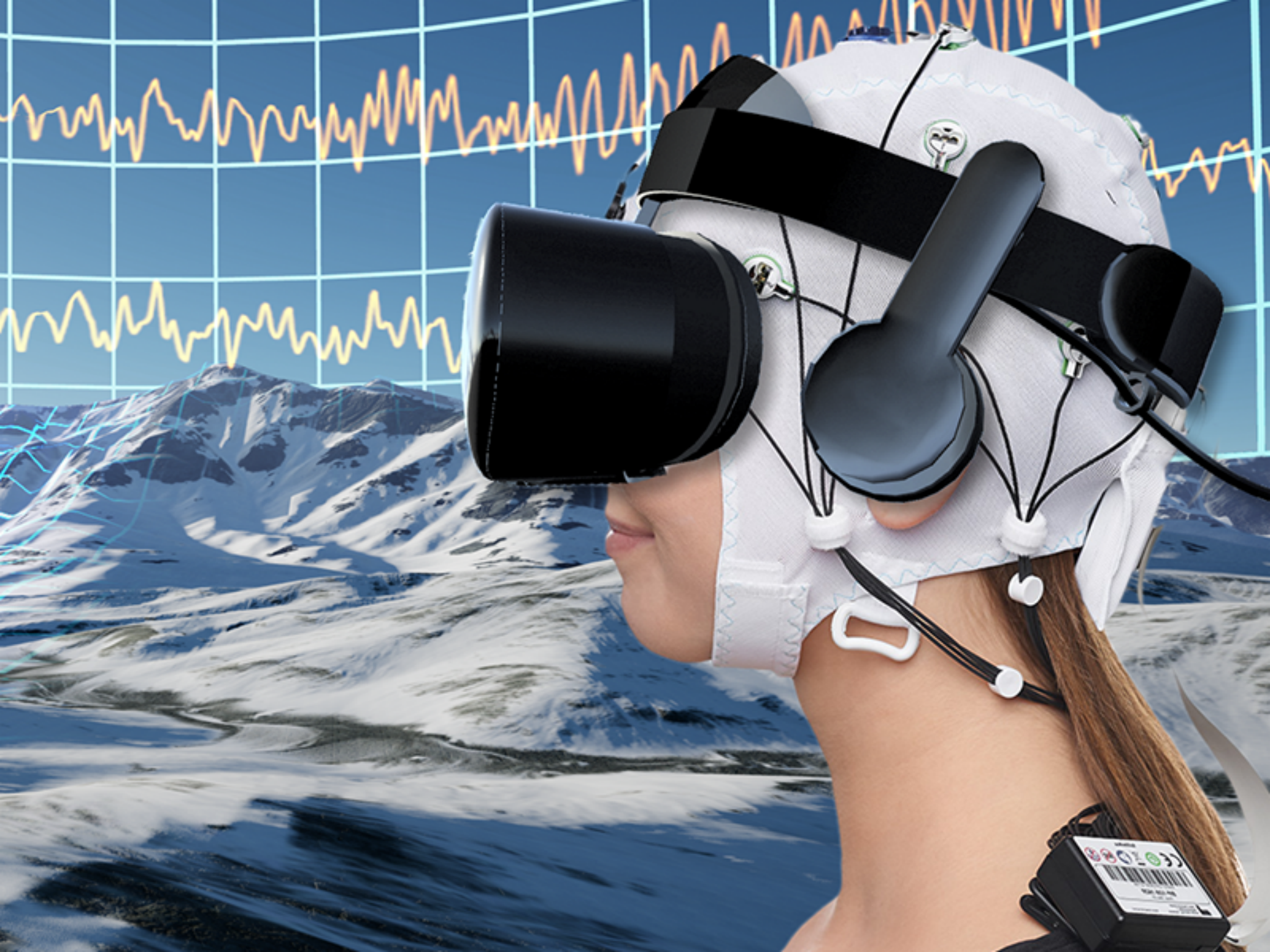VirtualNoPain_Uni Wü Nutzer tauchen mittels eines Head-Mounted Displays in eine virtuelle Welt ein. Zur Maximierung der Schmerzreduktion lernen die Nutzer ihre Gehirnaktivität zu regulieren. Foto: VTplus / Brain Products