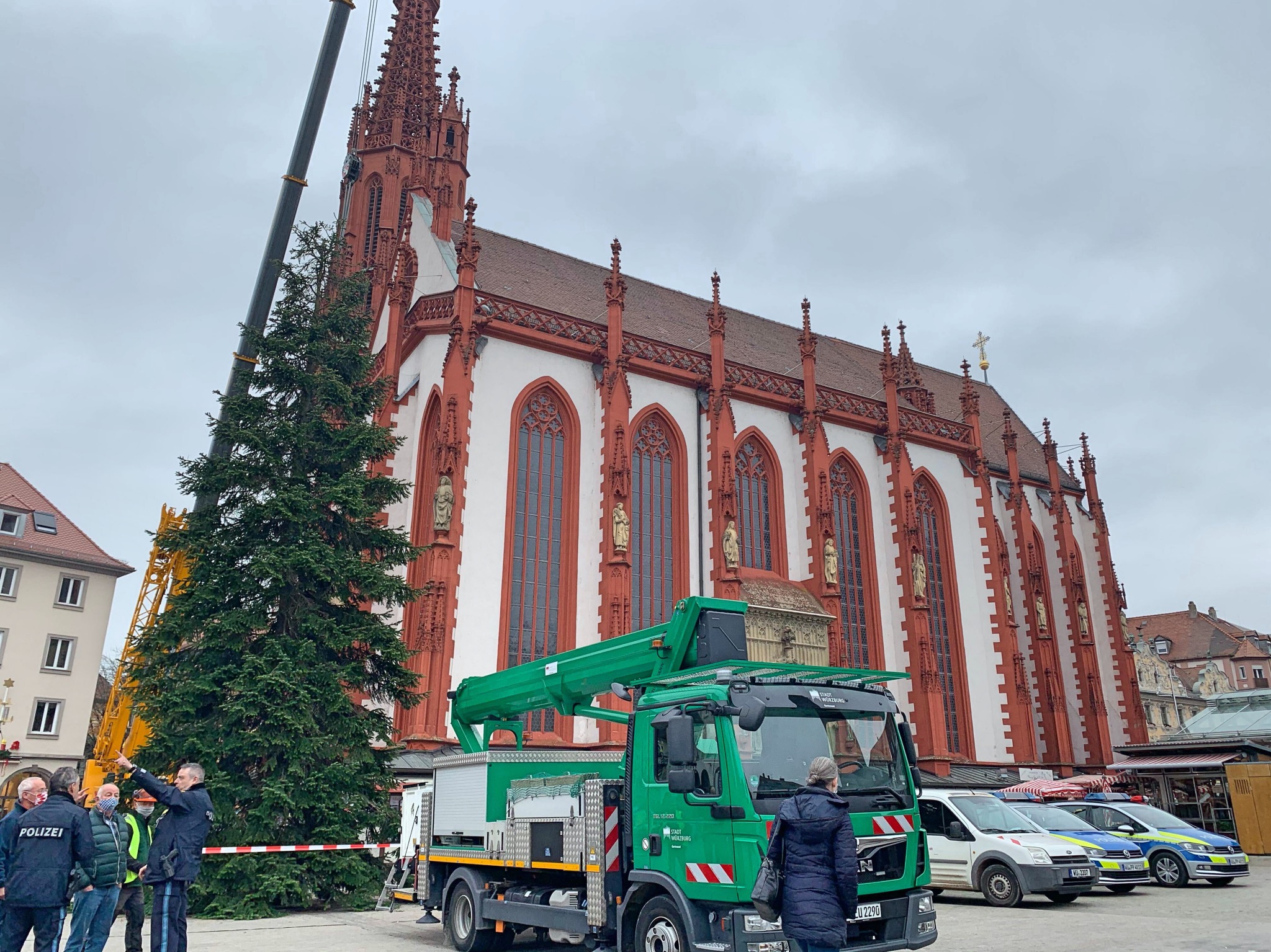 Der 17m hohe Weihnachtsbaum am Unteren Markt stammt dieses Mal aus Veitshöchheim. Foto: Lilli Müller