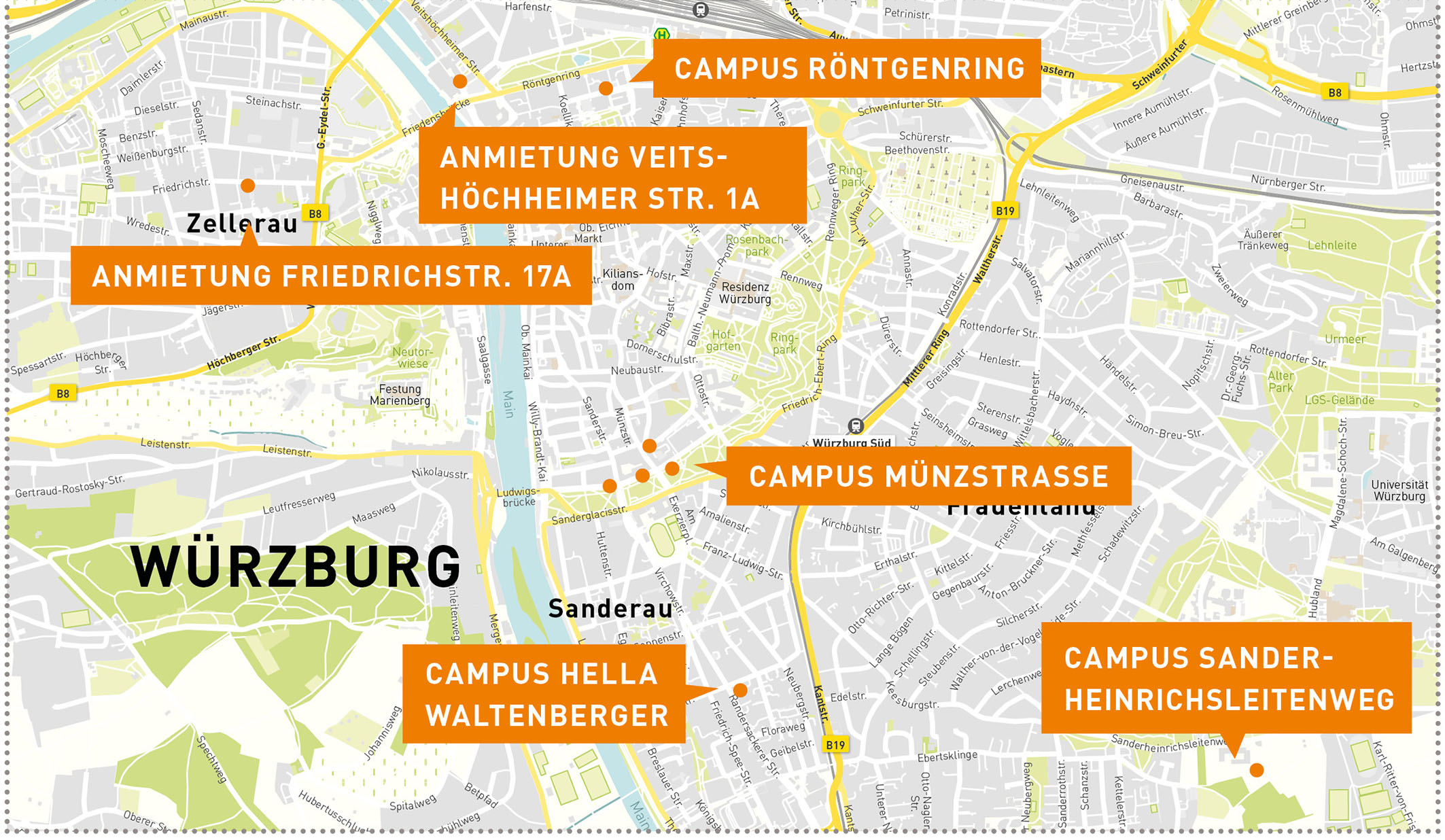 Die Übersicht über den Campus am Hochschulstandort in Würzburg. Grafik: Simplymaps