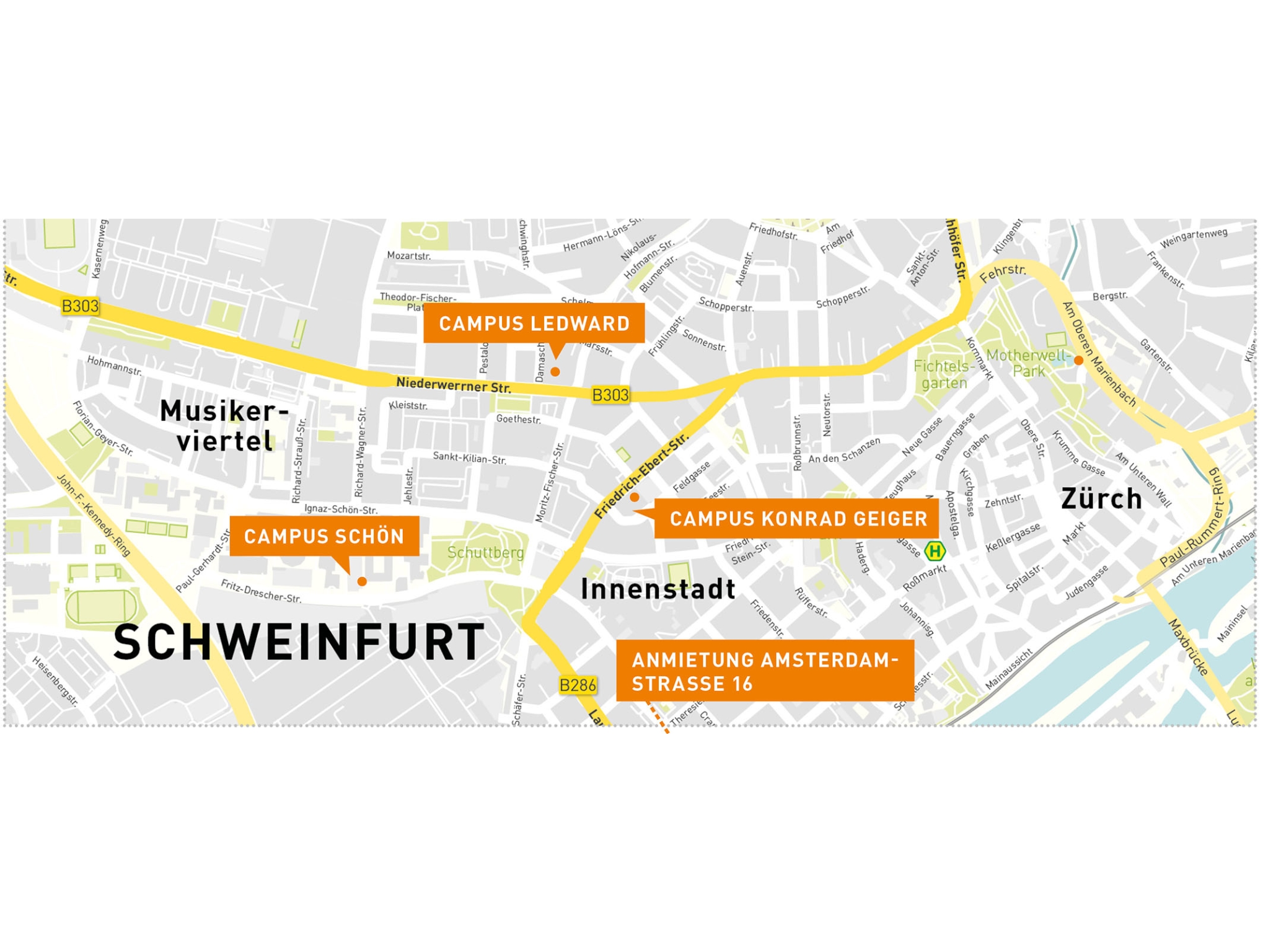 Die Übersicht über den Campus am Hochschulstandort in Schweinfurt. Grafik: Simplymaps