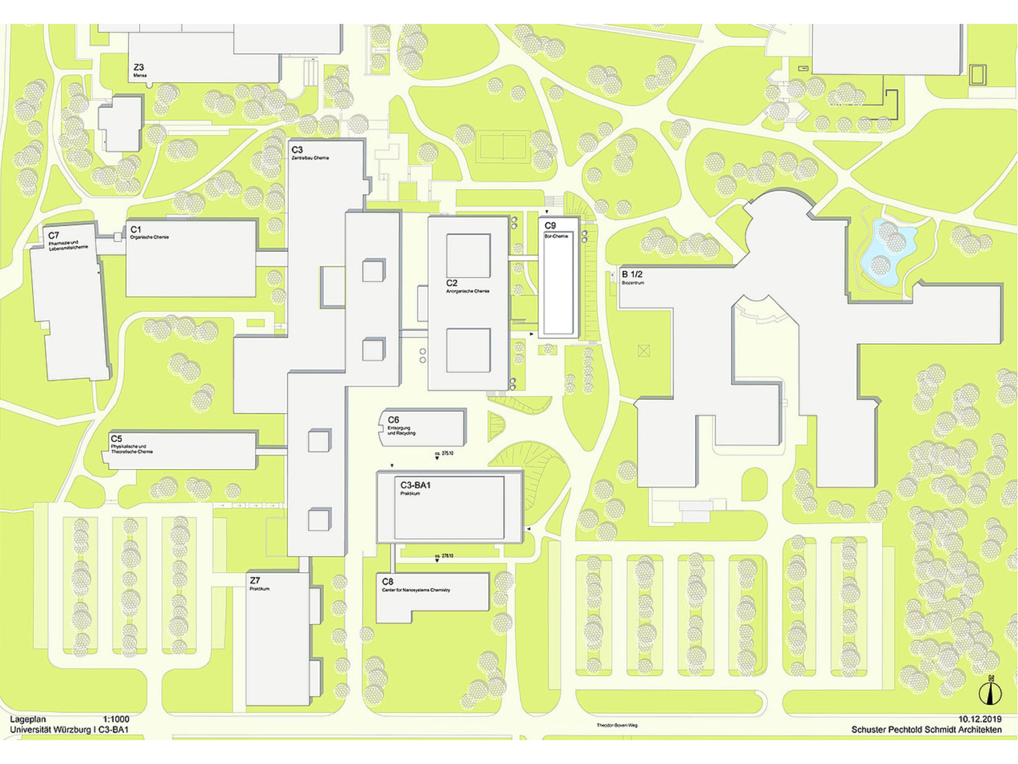 Das Chemiezentrum (links) auf dem Hubland-Campus: Der Block C3-BA1 ist das neue Praktikumsgebäude, der langgestreckte C3-Komplex ist der Zentralbau, der die Institute verbindet. (Bild: Schuster Pechtold Schmidt Architekten)