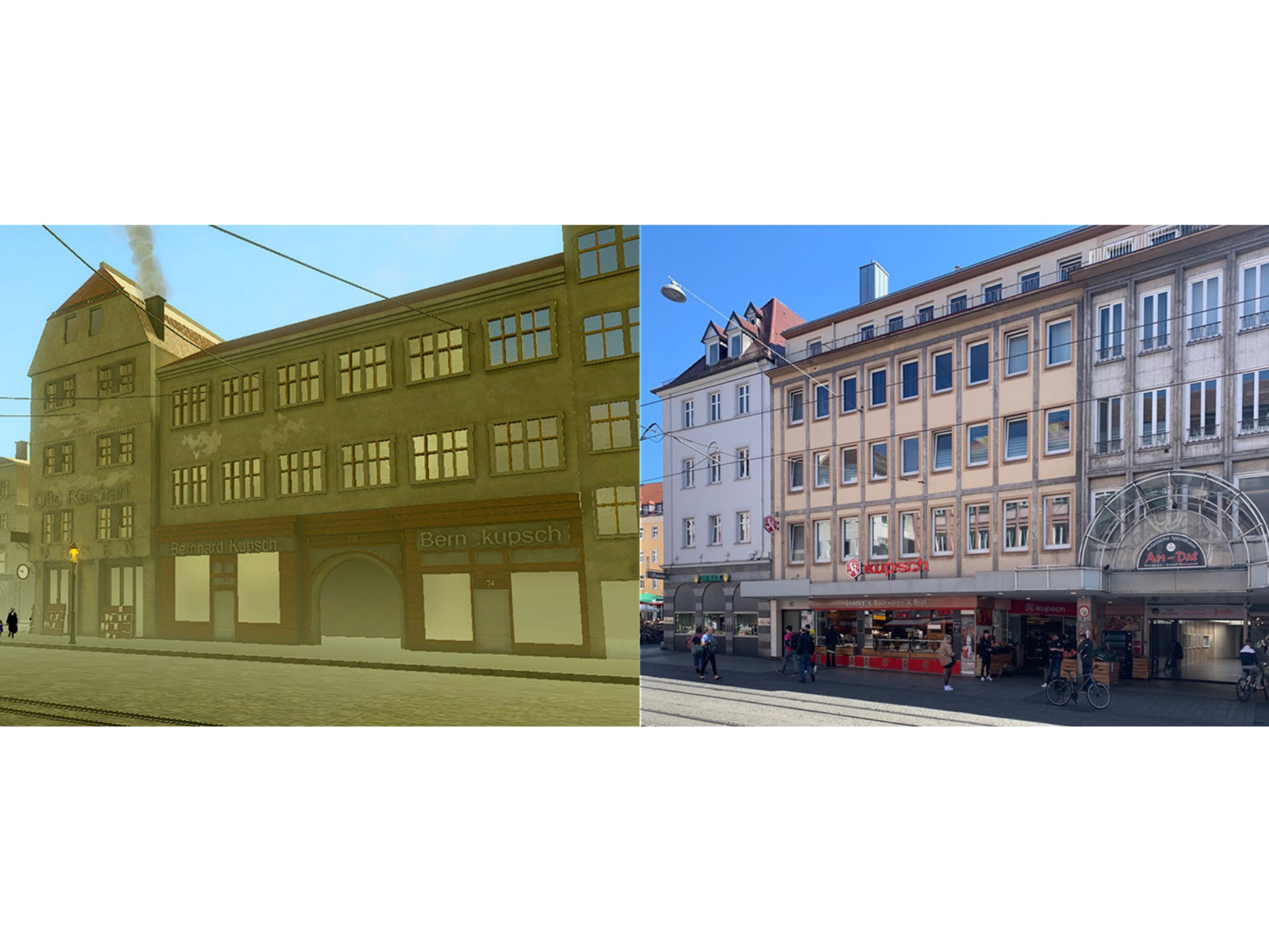 Der Vergleich eines Gebäudekomplexes in der Domstraße vor der Zerstörung und heute. Foto: Robert Schmidt