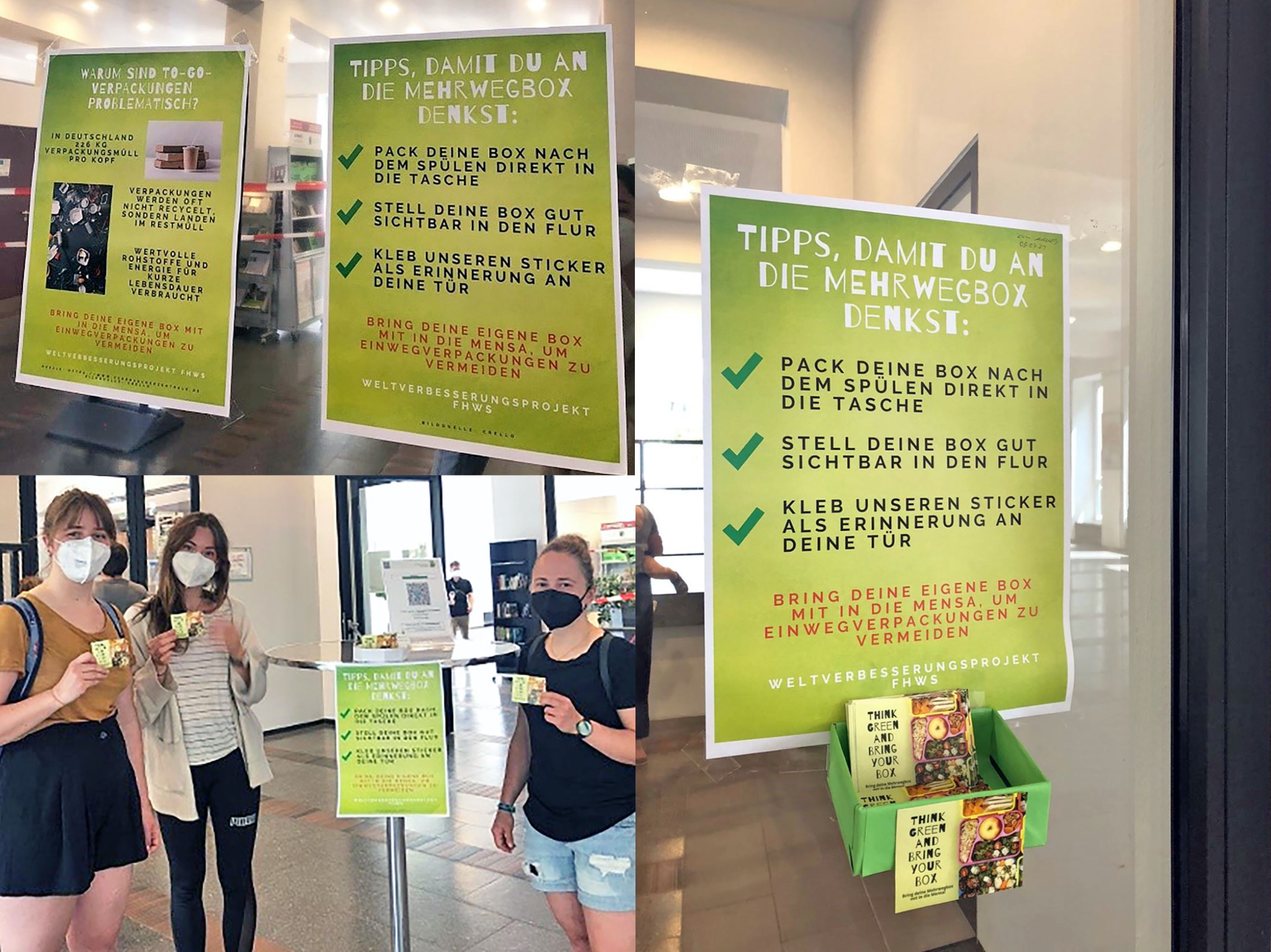 FHWS_Mehrwegbox Alle Besucherinnen und Besucher der Mensa können sich einen Sticker mitnehmen, die direkt am Eingang des Studentenhauses ausgelegt sind. Fotos: Jana Lauer, Zita Remelé