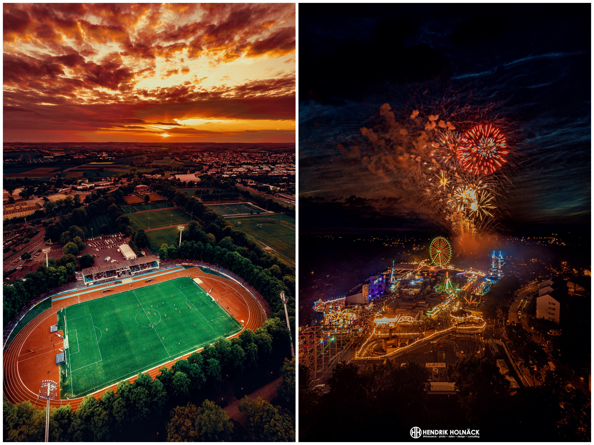 Collage_HHolnaeck_Stadion_Volksfest Das Sachs-Stadion und das Schweinfurter Volksfest von oben. Fotos: Hendrik Holnäck