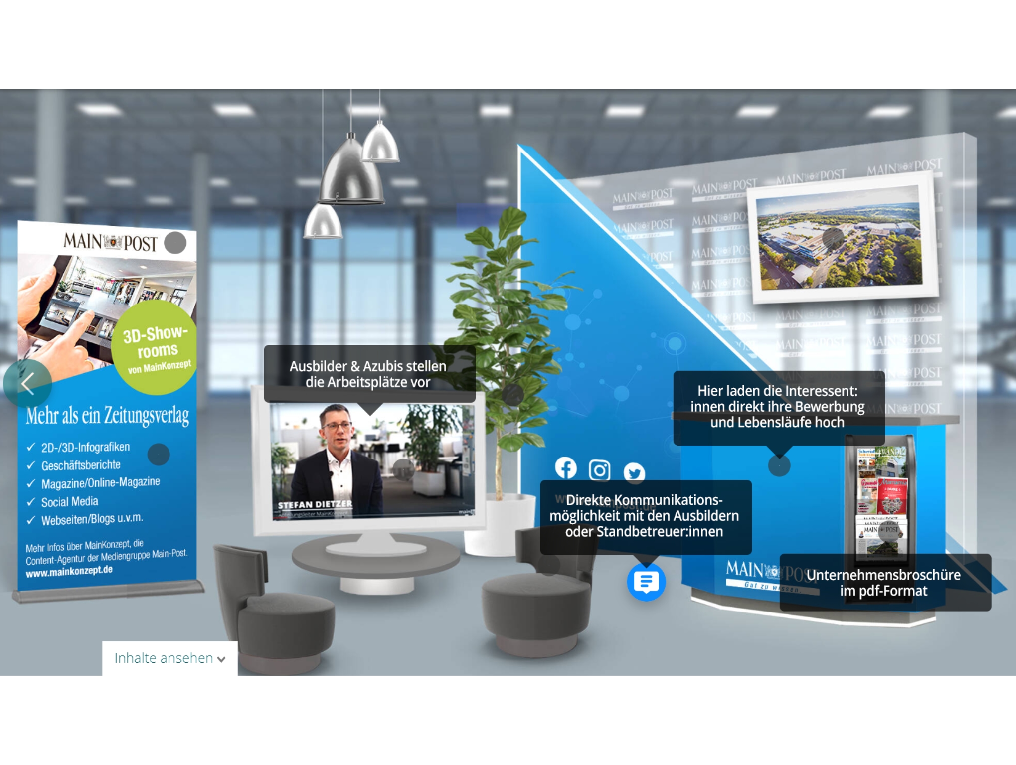 Auf den Messeständen bieten die Unternehmen unterschiedliche Informationen: freie Ausbildungsplätze, Unternehmensbroschüren, Infos für Bewerberinnen und Bewerber, Videos oder Live-Chats. Wer sich für eine Ausbildung oder einen Arbeitsplatz interessiert, findet umfangreiche Infos zum potenziellen Arbeitgeber. Grafik: Main-Post