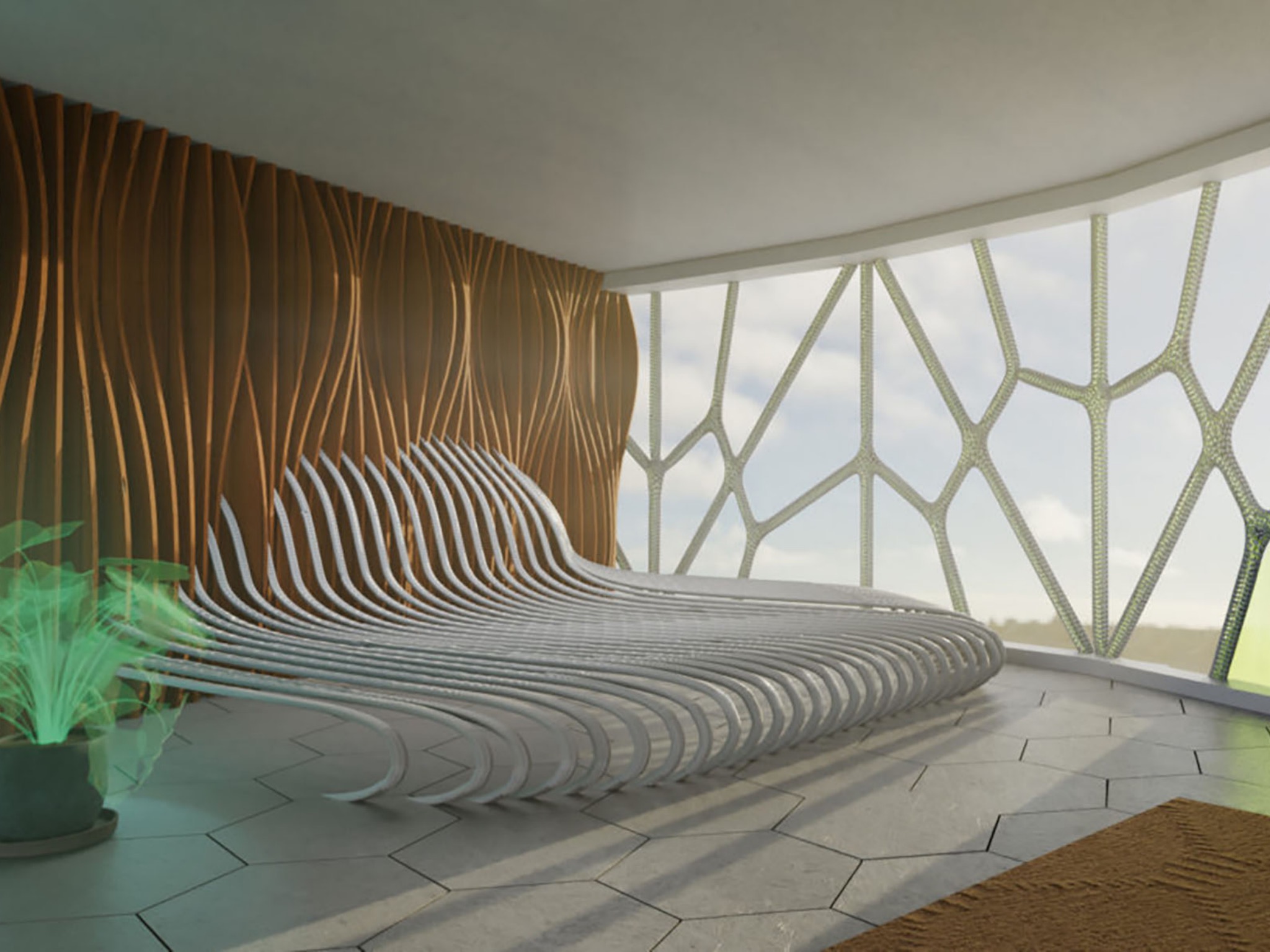 Ein Einblick in ein Zimmer des vertical villages NERI. Grafik: Vanessa Zurek und Johannes Kube