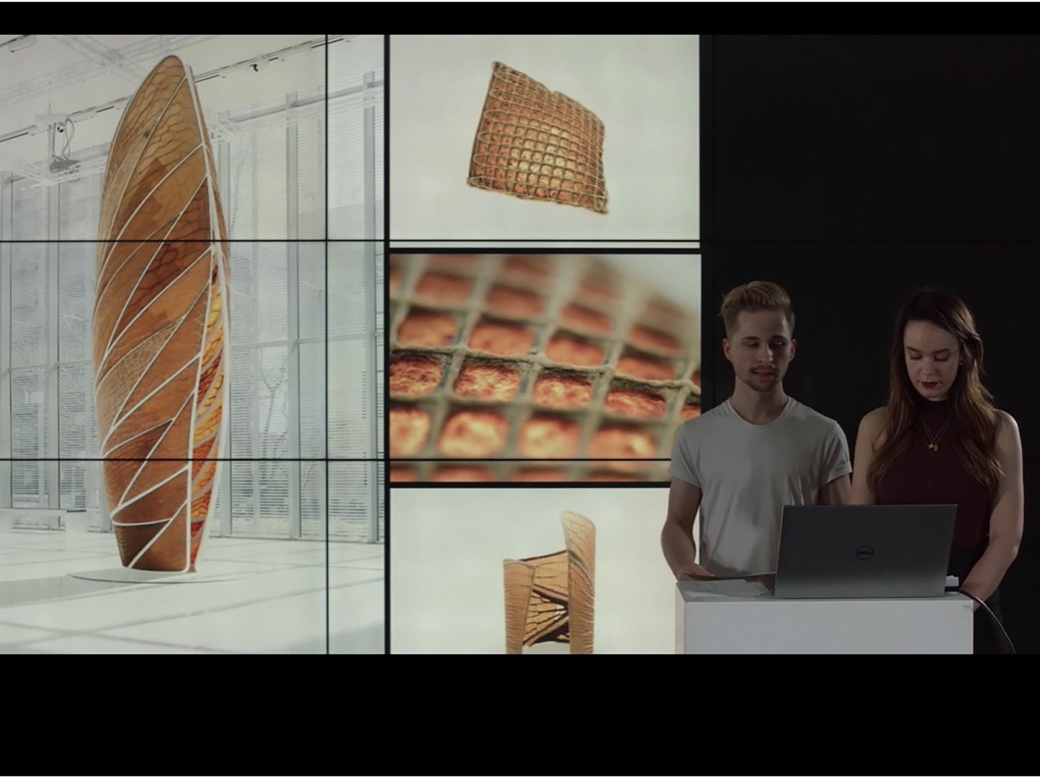 Die Architektin, Designerin und Erfinderin Neri Oxman nutzt verschiedene Gittertechniken, recyclebare Materialien und den 3D-Druck, um daraus Bauteile sowie Baukörper herzustellen. Screenshot https://bergwerk.fhws.de/jetzt-live/