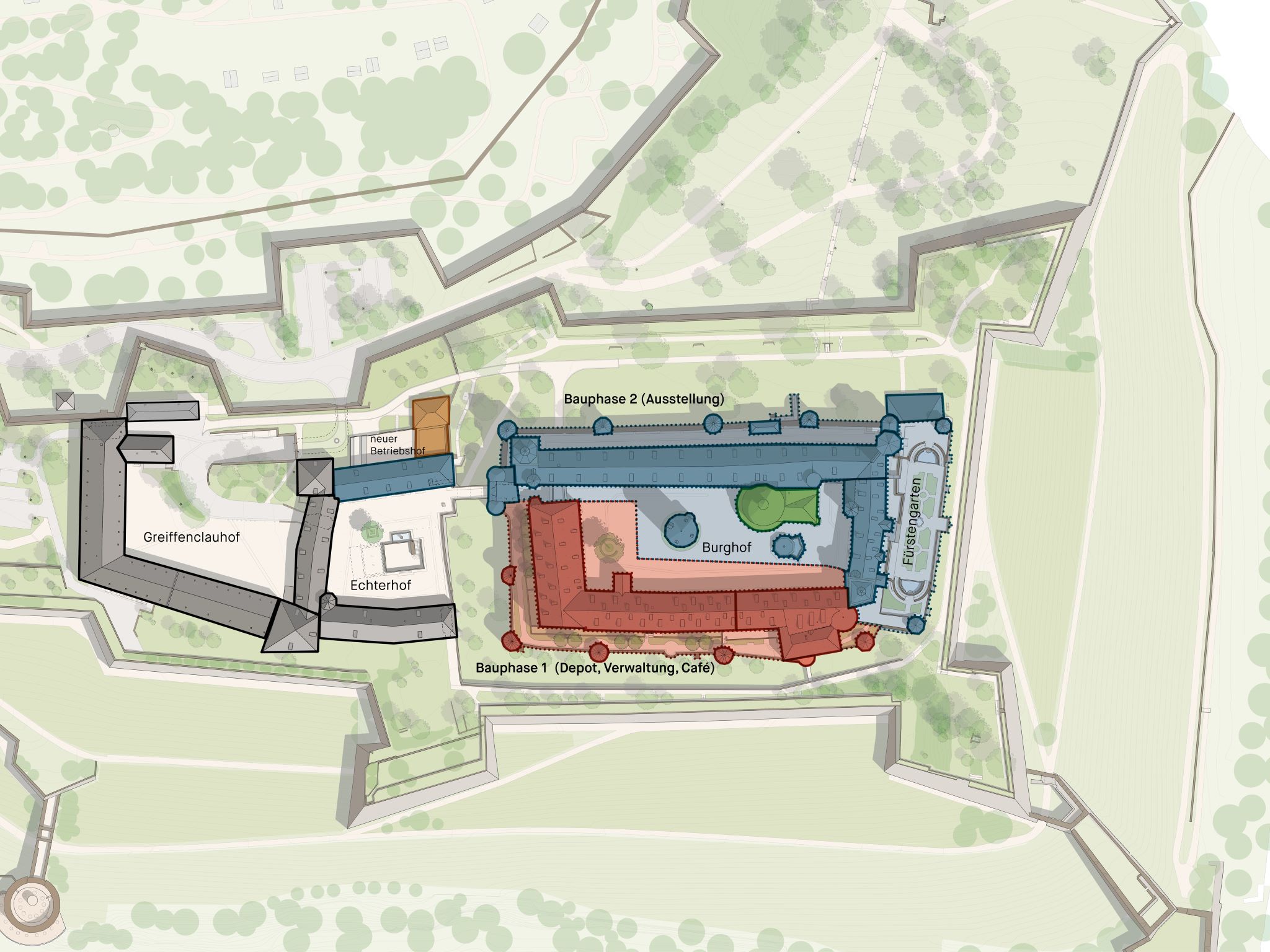 Plan der Bauphasen auf der Festung Marienberg. Grafik: © Bayerische Schlösserverwaltung