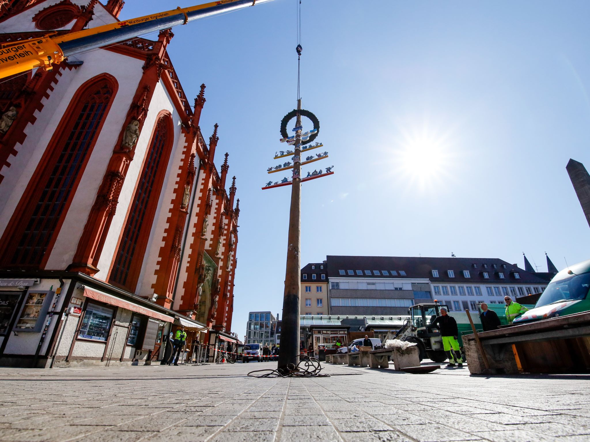 Maibaum_Marktplatz Der Würzburger Maibaum 2024 ist beachtliche 21 Meter hoch. Foto: Johannes Kiefer
