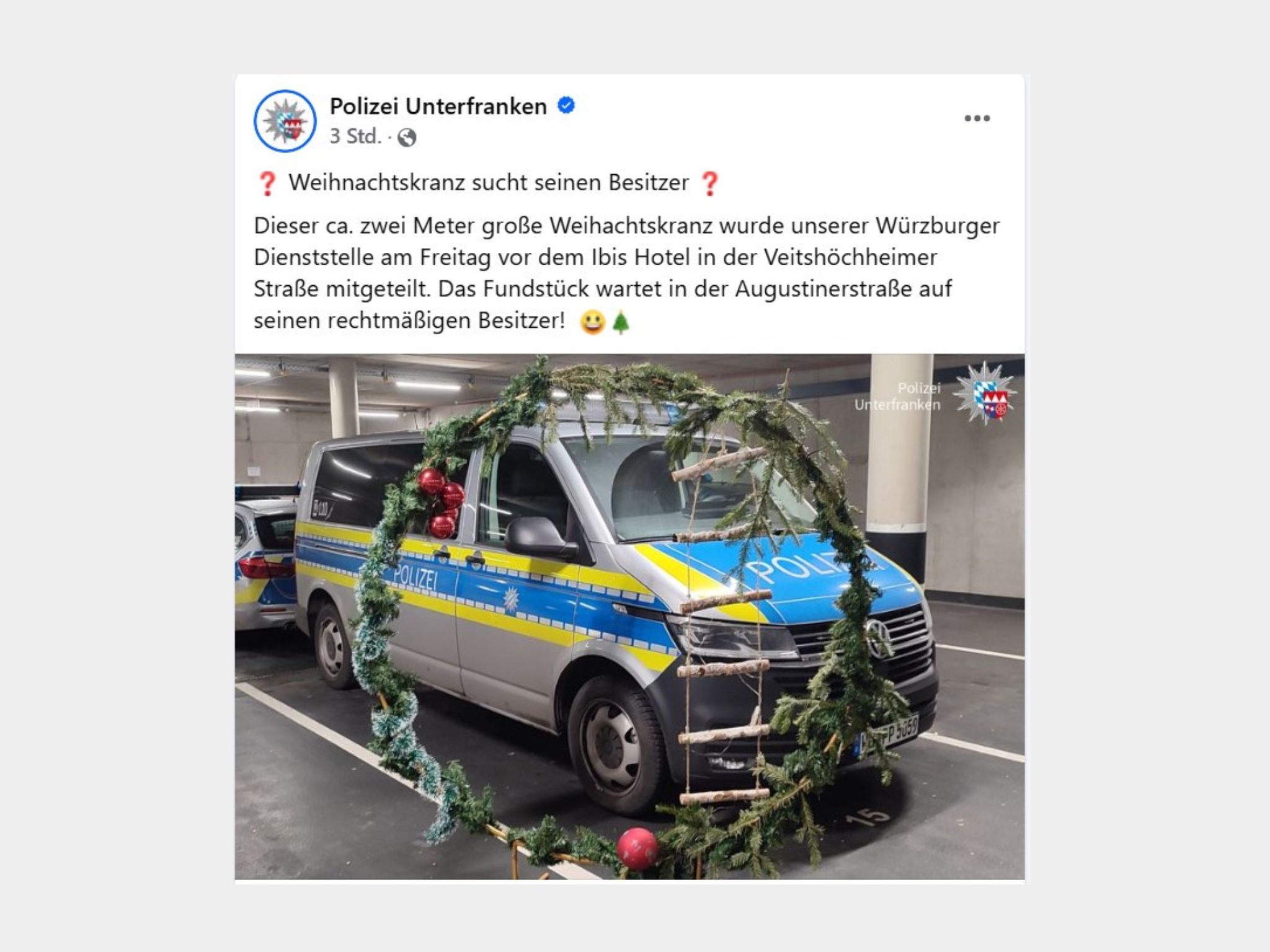 Screenshot_FB_Adventskranz Kurioses Fundstück: Wer vermisst den Zwei-Meter-Adventskranz? Foto: Screenshot Facebook/@PolizeiUnterfranken
