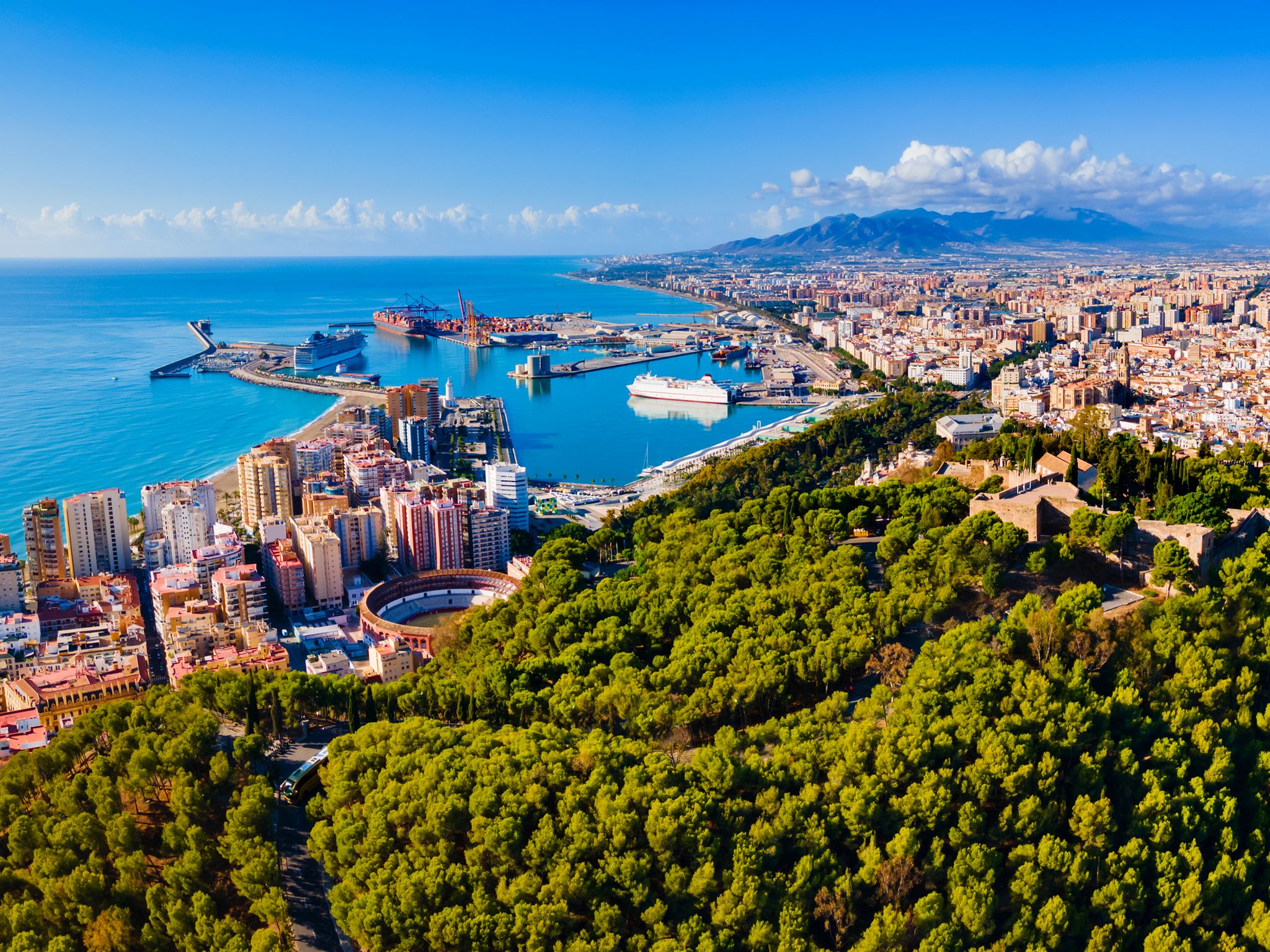 Malaga city aerial panoramic view in Andalusia, Spain