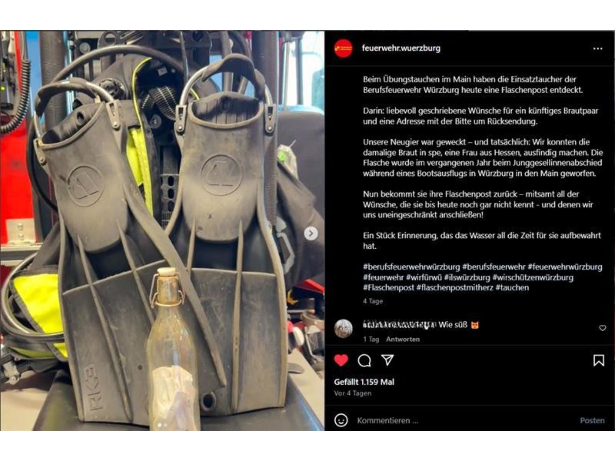 Flaschenpost_Feuerwehr Die Berufsfeuerwehr Würzburg hat eine Flaschenpost mit Herz entdeckt. Foto: Screenshot Instagram/@feuerwehr.wuerzburg